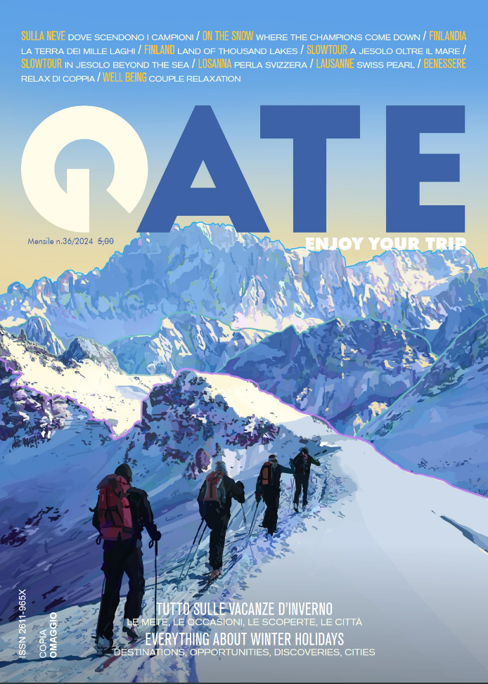 Cover of Gate magazine no. 36 illustrated by Sakina Zeghloul, showing hikers walking along a mountain ridge, 2024